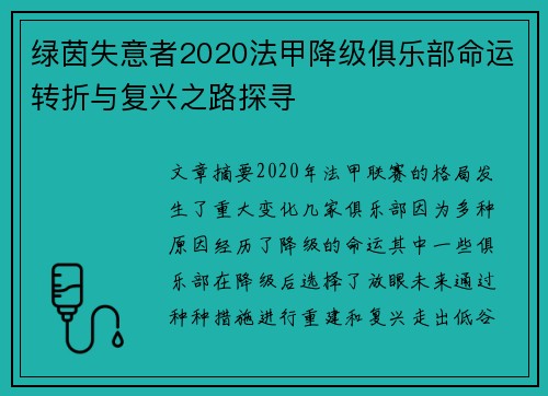 绿茵失意者2020法甲降级俱乐部命运转折与复兴之路探寻